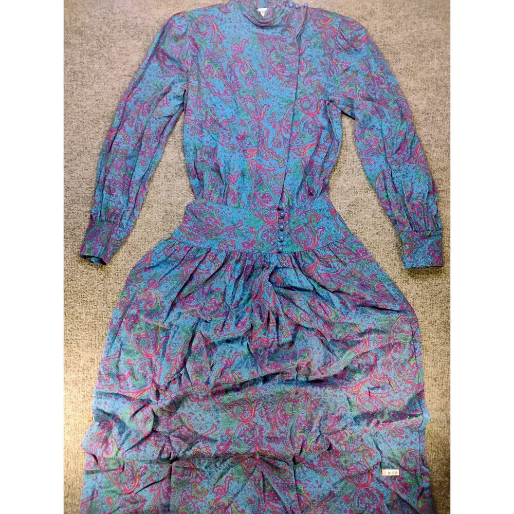 Vintage Patty O'Neil Dress Womens 4 Blue Pink Paisley Ruffle Tiered USA Made